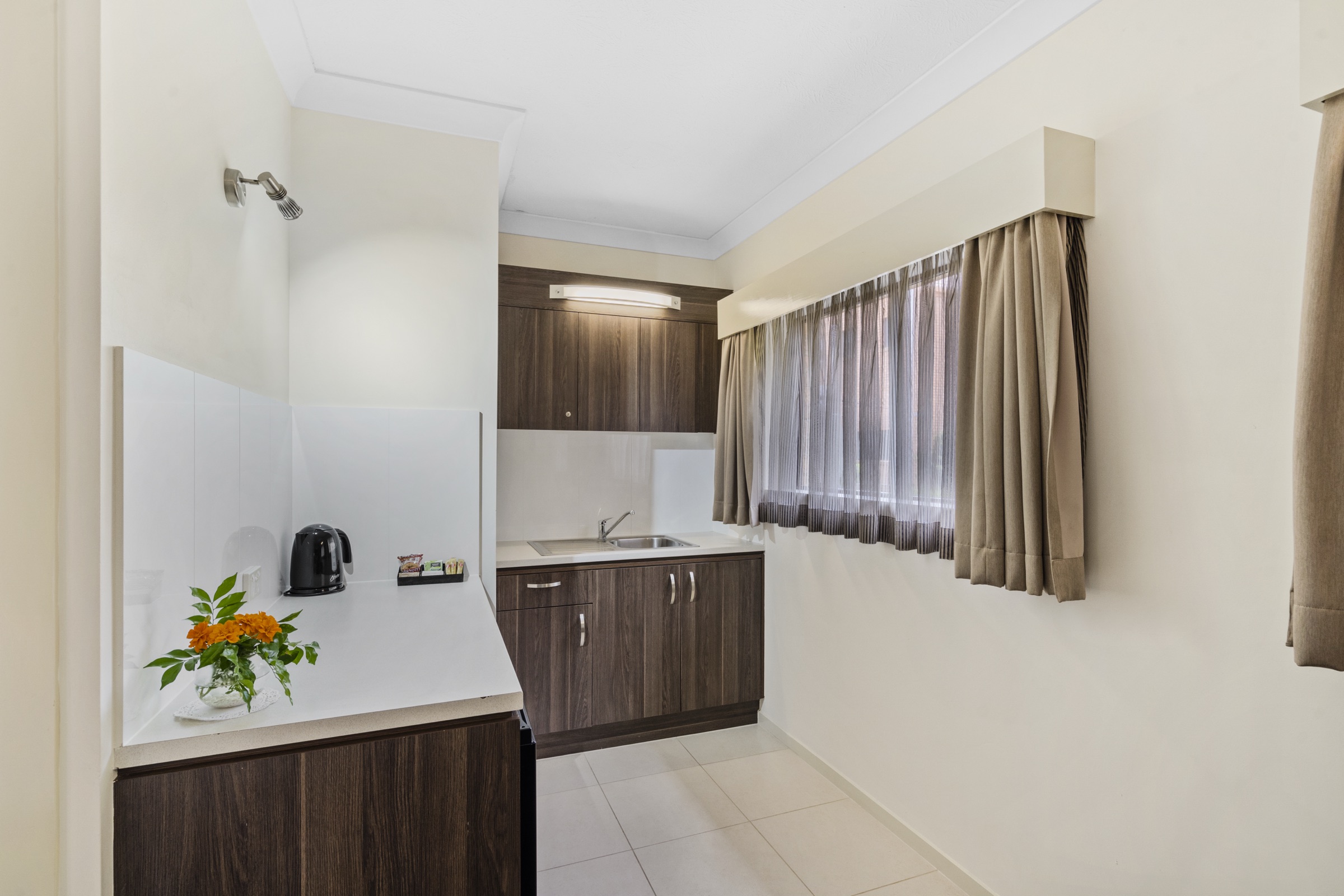 A villa kitchenette with tea and coffee facilities